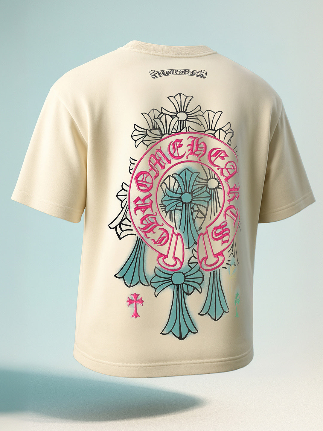 Men's Cream Relaxed Fit Embroided 240 GSM Casual T-Shirt