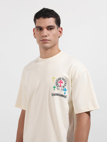 Men's Cream Relaxed Fit Embroided 240 GSM Casual T-Shirt