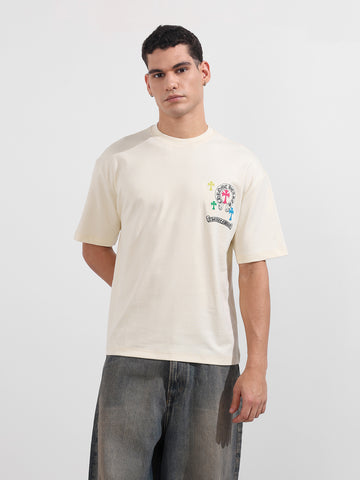 Men's Cream Relaxed Fit Embroided 240 GSM Casual T-Shirt