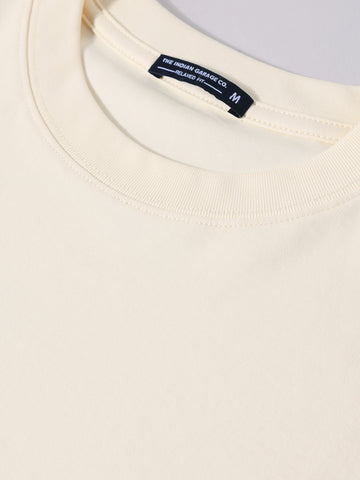 Men's Cream Relaxed Fit Embroided 240 GSM Casual T-Shirt