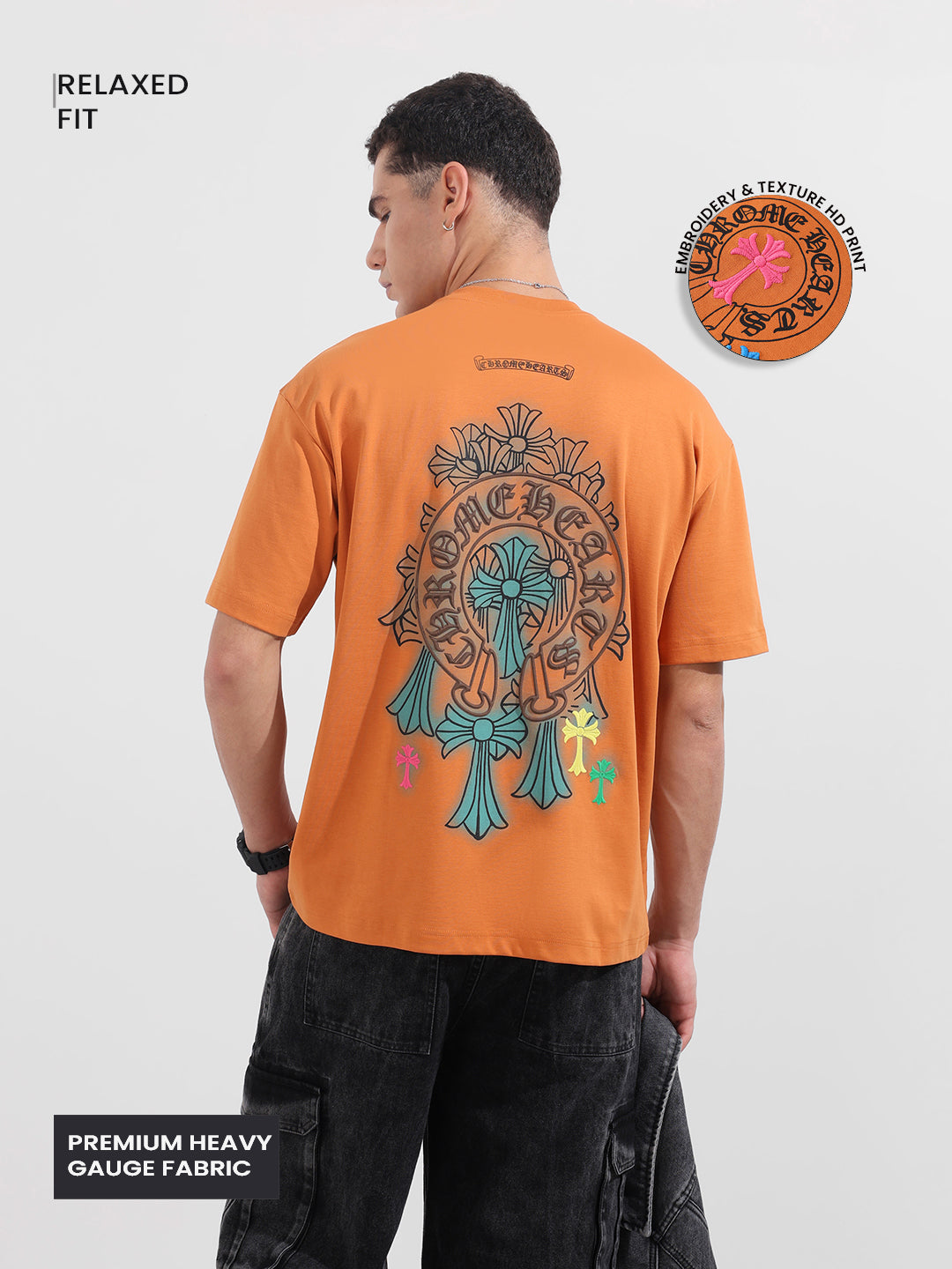Men's Orange Relaxed Fit Embroided 240 GSM Casual T-Shirt