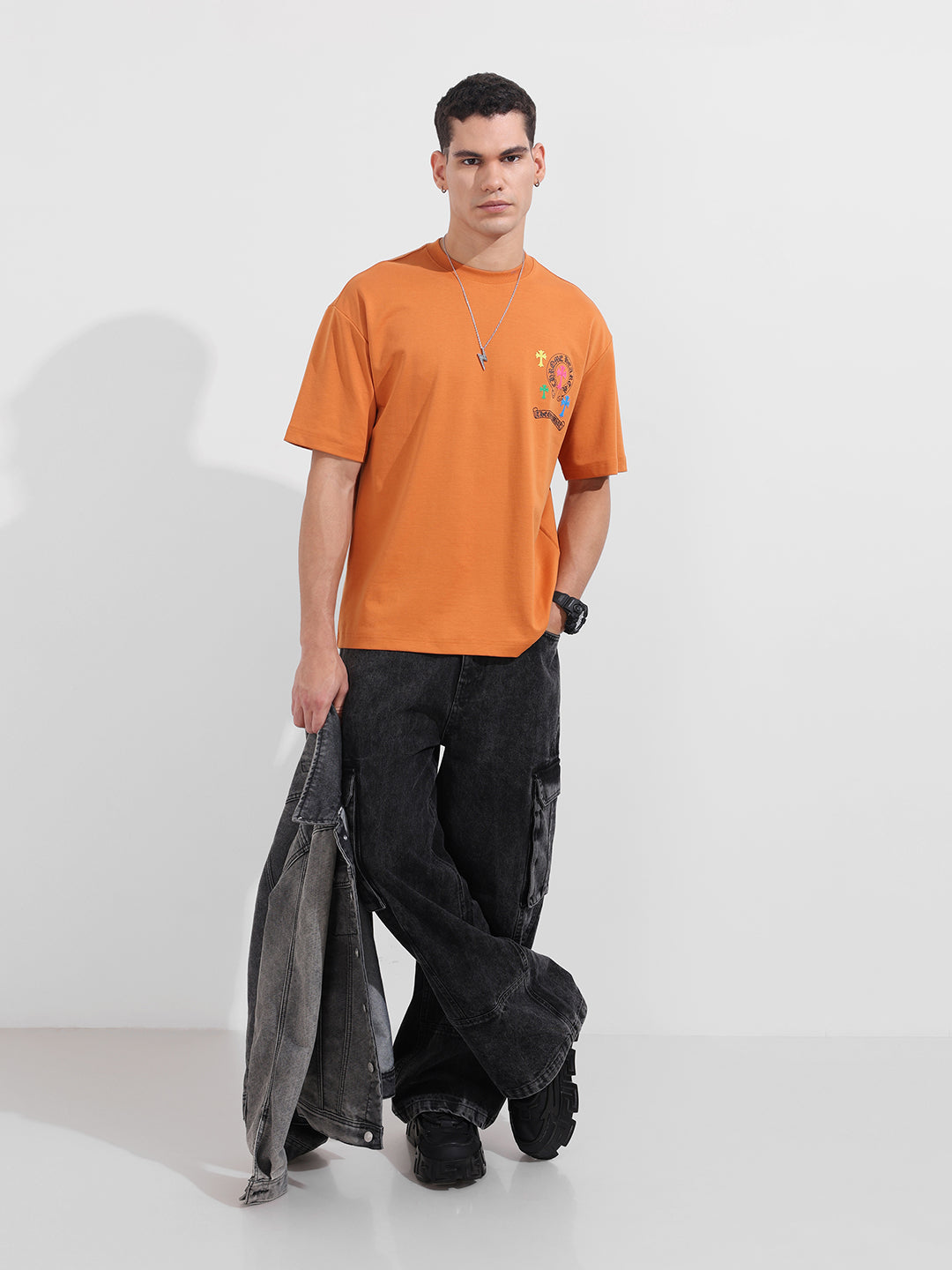 Men's Orange Relaxed Fit Embroided 240 GSM Casual T-Shirt