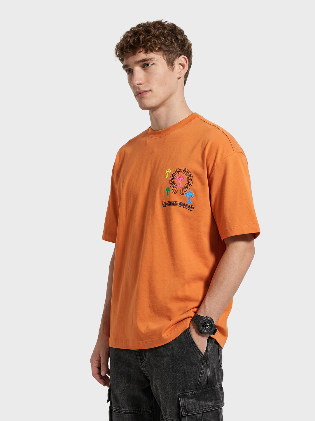 Men's Orange Relaxed Fit Embroided 240 GSM Casual T-Shirt