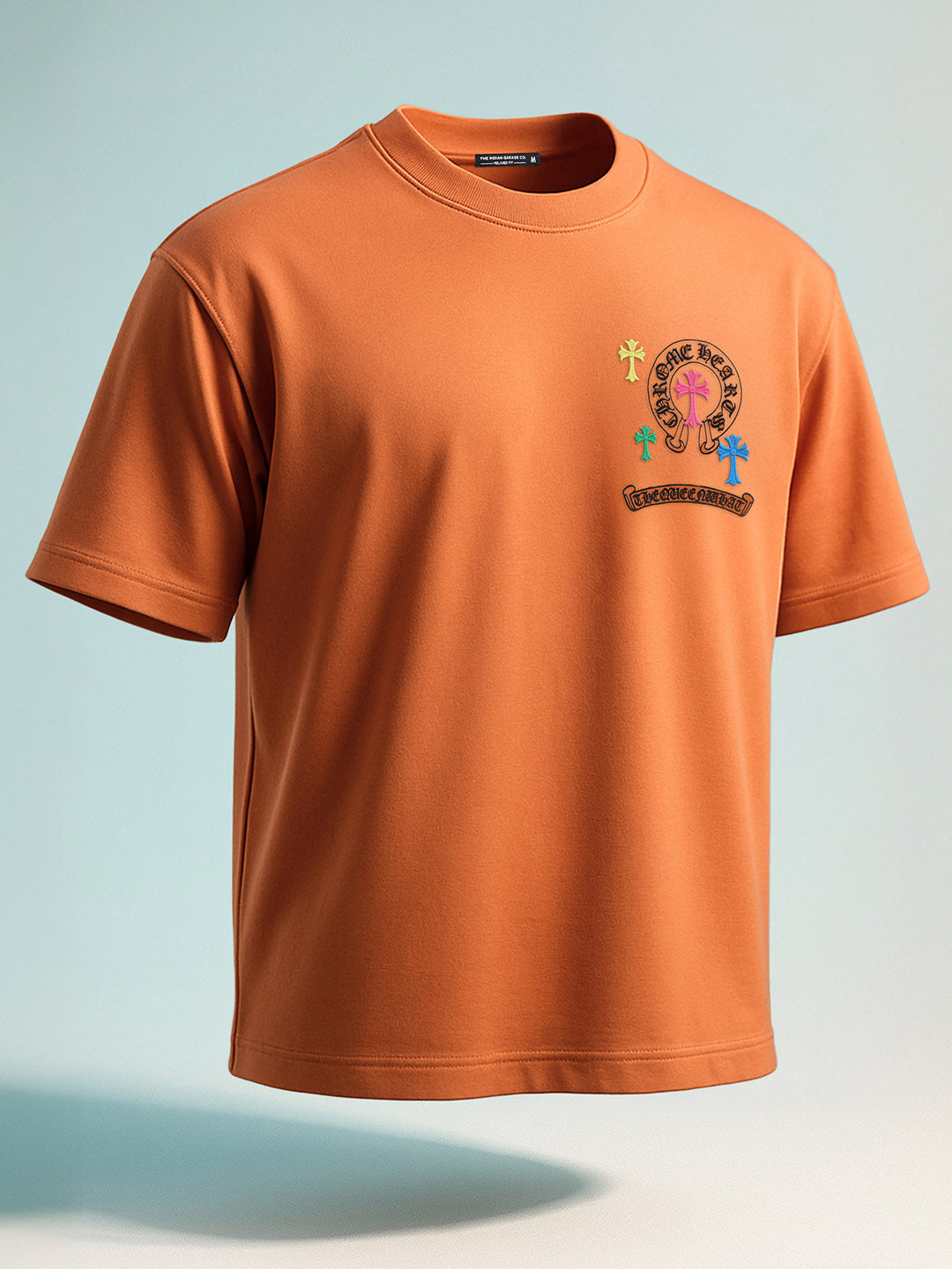 Men's Orange Relaxed Fit Embroided 240 GSM Casual T-Shirt