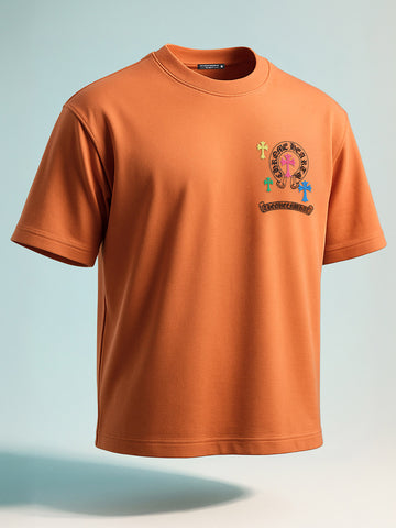 Men's Orange Relaxed Fit Embroided 240 GSM Casual T-Shirt