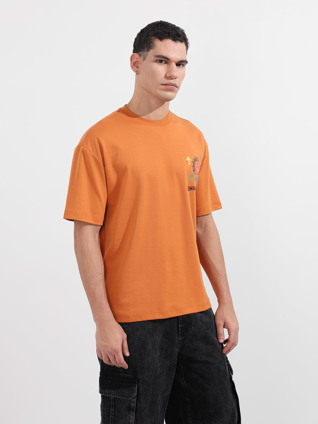 Men's Orange Relaxed Fit Embroided 240 GSM Casual T-Shirt