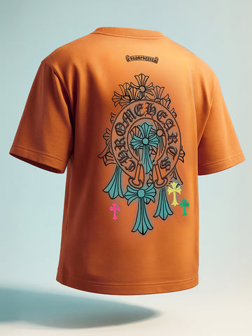 Men's Orange Relaxed Fit Embroided 240 GSM Casual T-Shirt