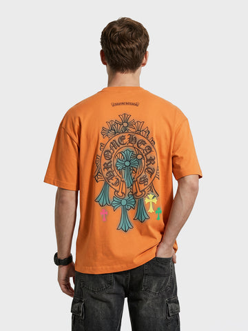 Men's Orange Relaxed Fit Embroided 240 GSM Casual T-Shirt