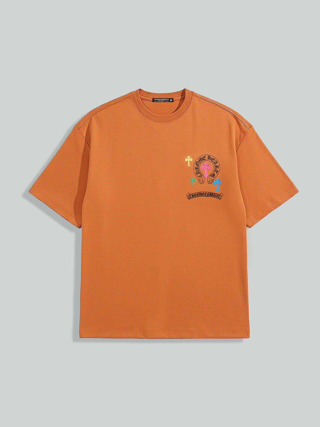Men's Orange Relaxed Fit Embroided 240 GSM Casual T-Shirt