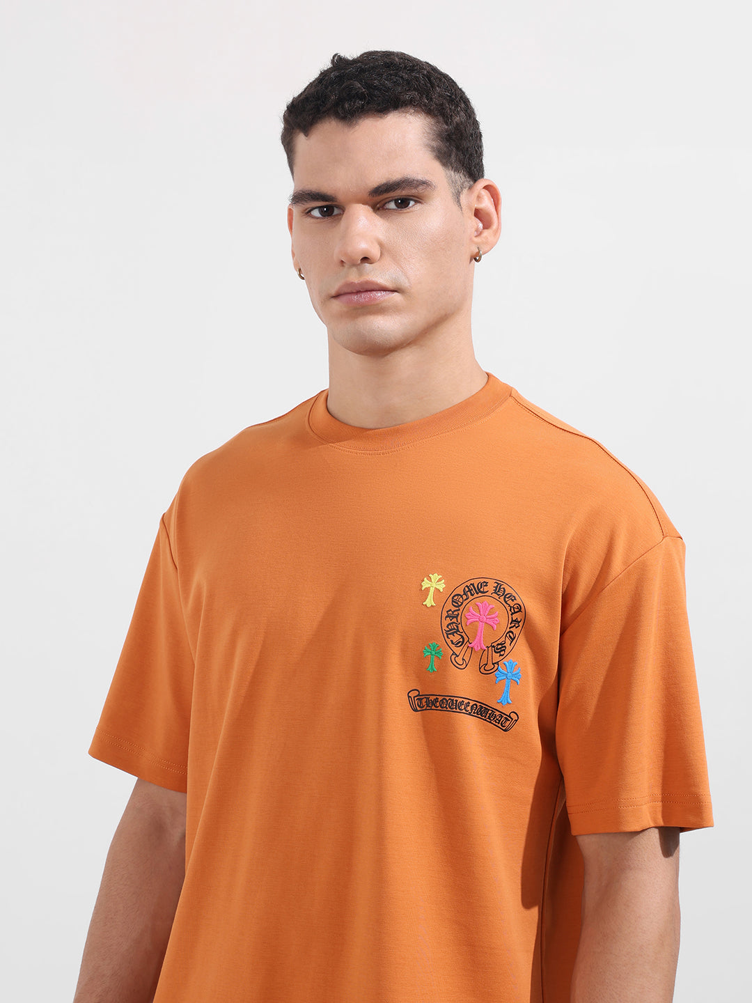 Men's Orange Relaxed Fit Embroided 240 GSM Casual T-Shirt
