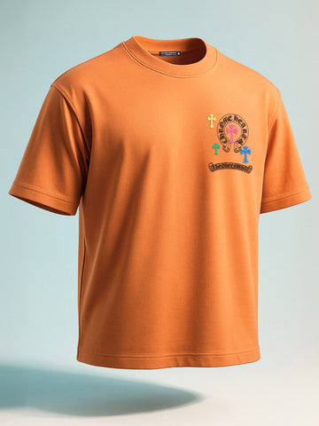 Men's Orange Relaxed Fit Embroided 240 GSM Casual T-Shirt