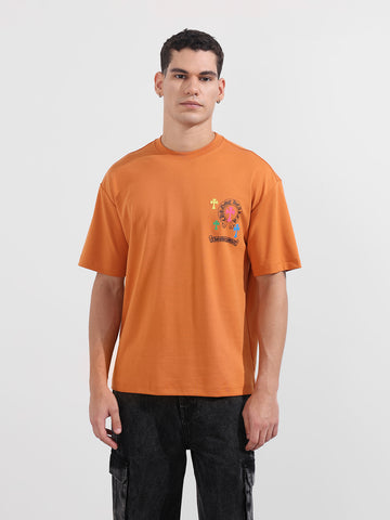 Men's Orange Relaxed Fit Embroided 240 GSM Casual T-Shirt