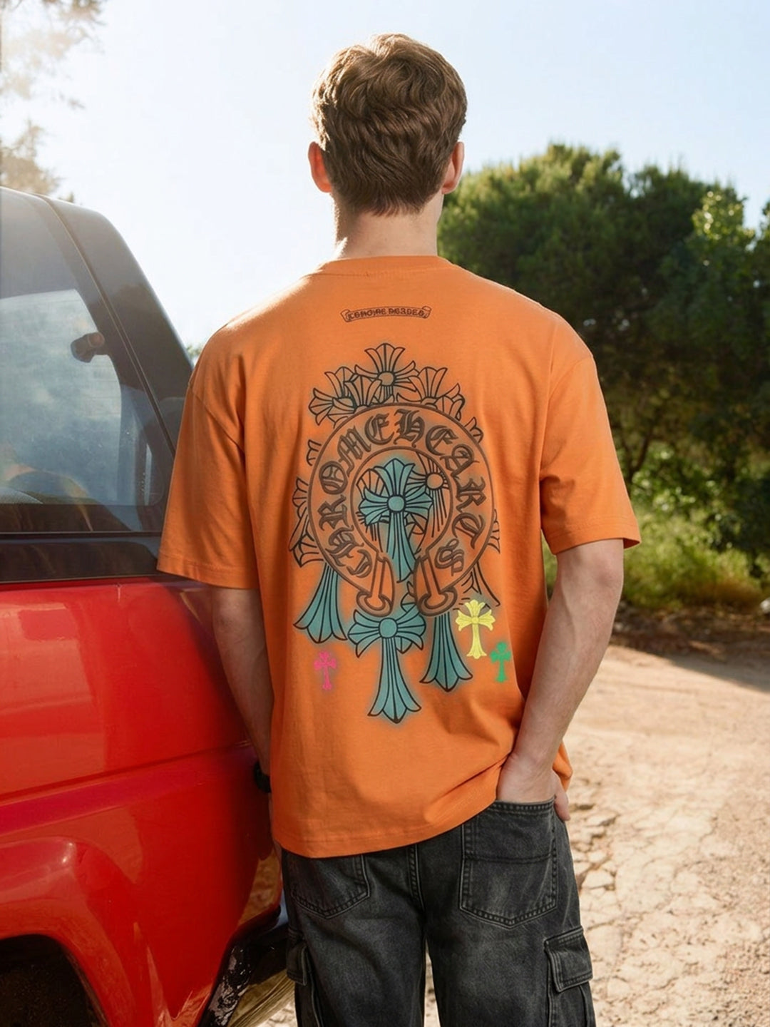 Men's Orange Relaxed Fit Embroided 240 GSM Casual T-Shirt