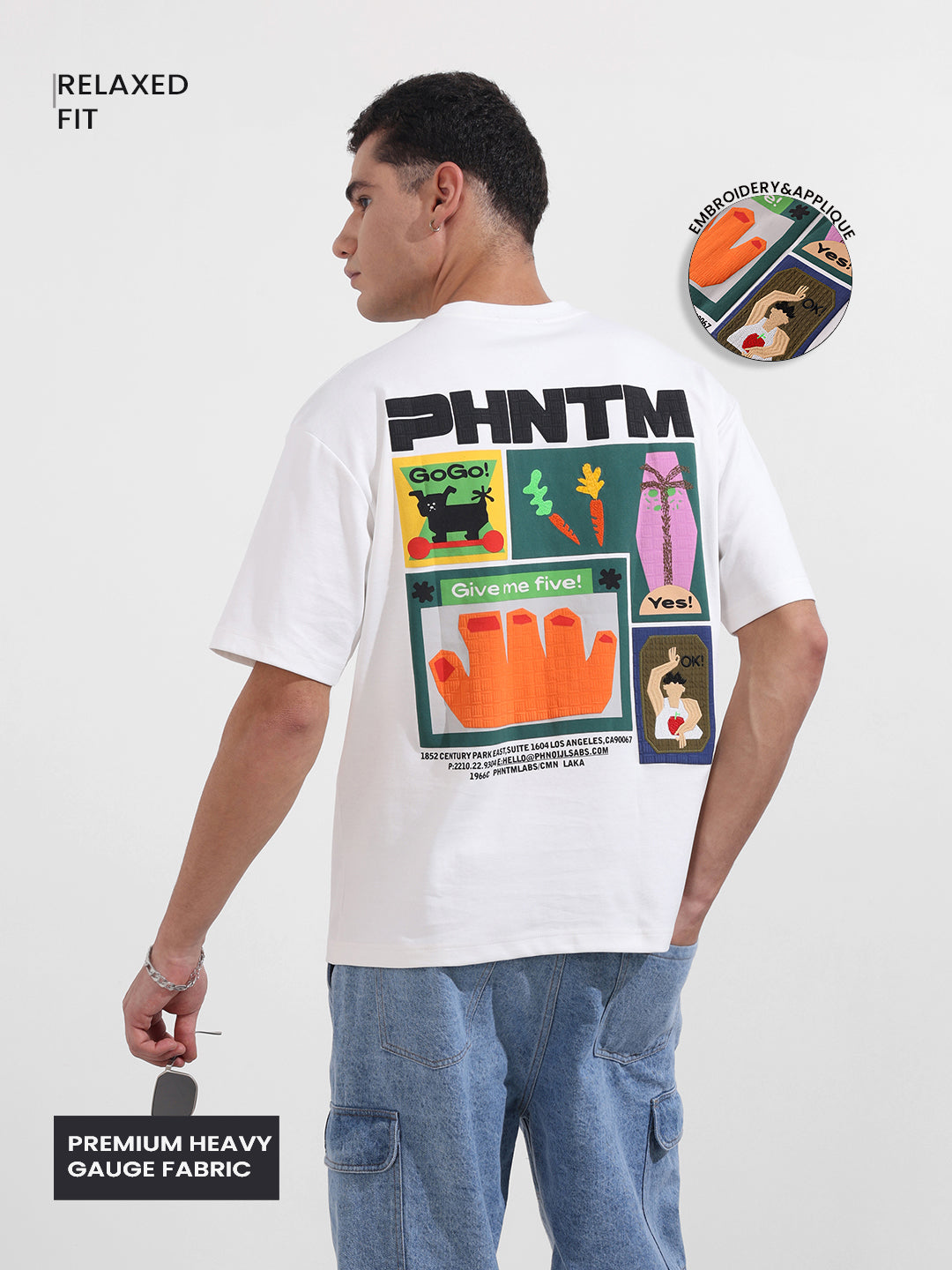 Men's White Relaxed Fit Embroided 240 GSM Casual T-Shirt
