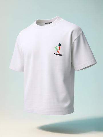 Men's White Relaxed Fit Embroided 240 GSM Casual T-Shirt