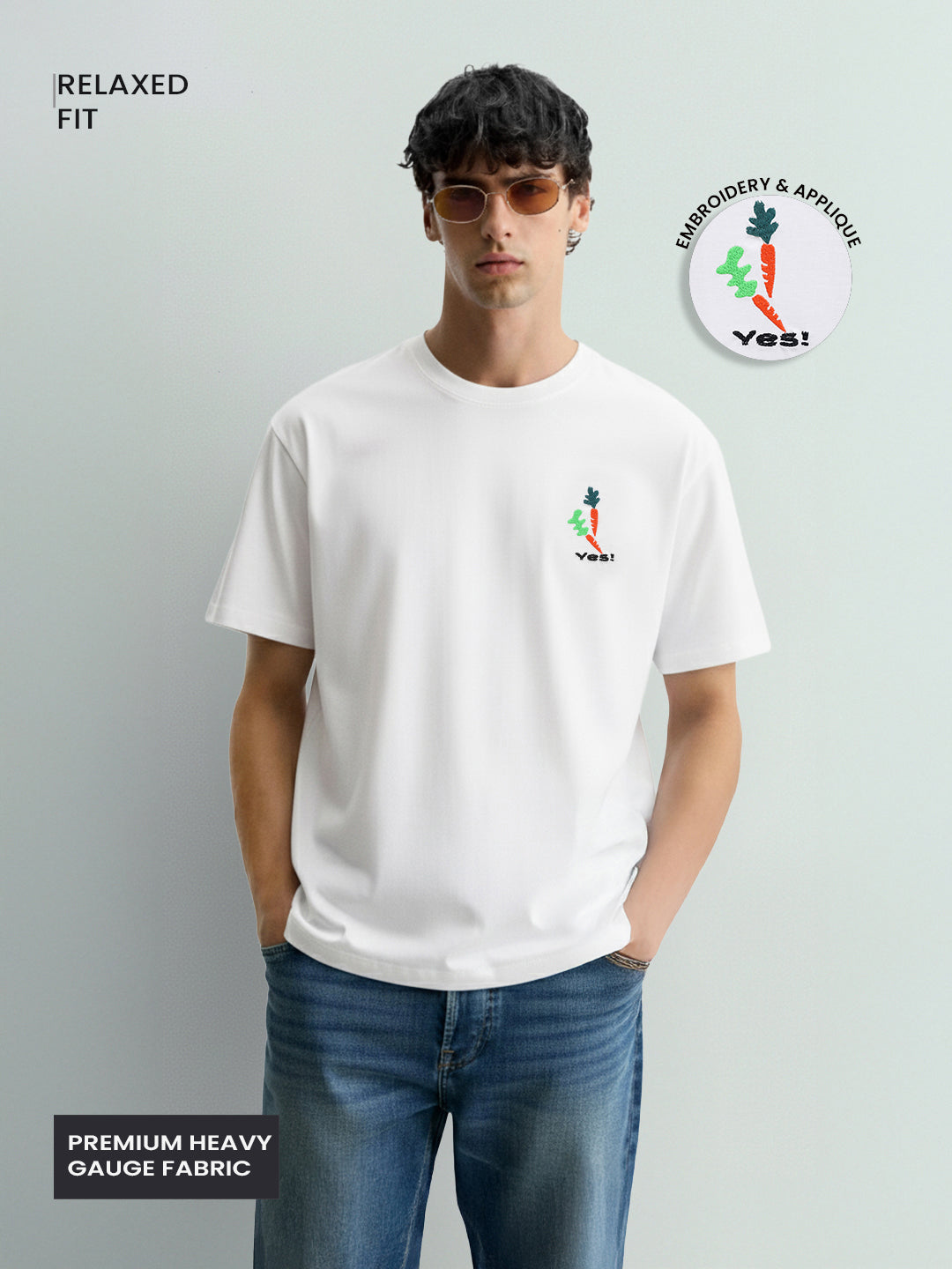 Men's White Relaxed Fit Embroided 240 GSM Casual T-Shirt