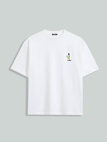 Men's White Relaxed Fit Embroided 240 GSM Casual T-Shirt