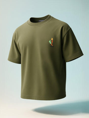 Men's Green Relaxed Fit Embroided 240 GSM Casual T-Shirt