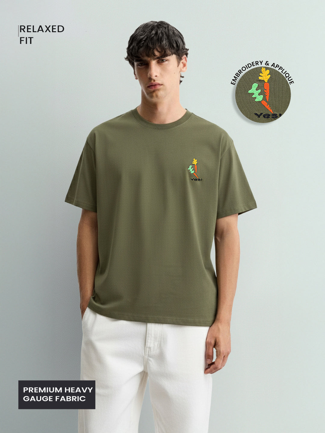 Men's Green Relaxed Fit Embroided 240 GSM Casual T-Shirt