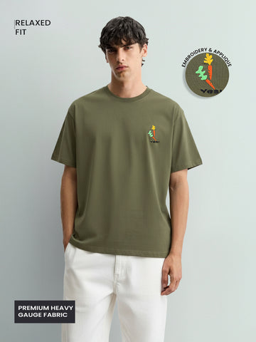 Men's Green Relaxed Fit Embroided 240 GSM Casual T-Shirt