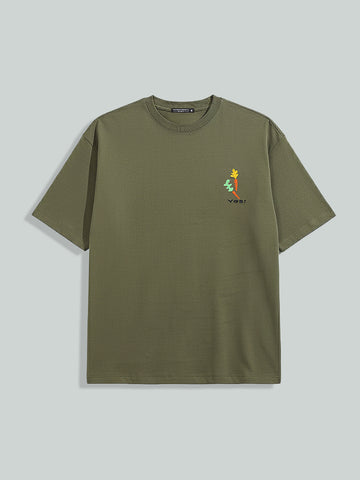 Men's Green Relaxed Fit Embroided 240 GSM Casual T-Shirt