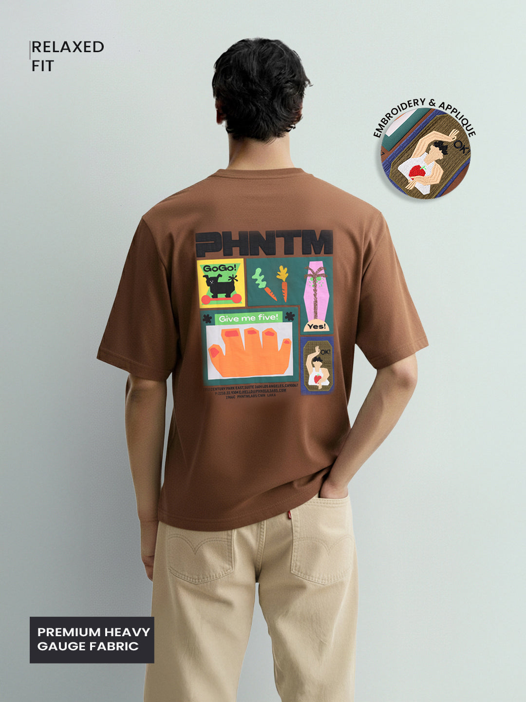 Men's Brown Relaxed Fit Embroided 240 GSM Casual T-Shirt