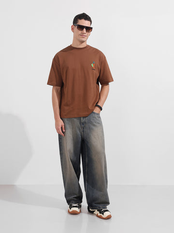 Men's Brown Relaxed Fit Embroided 240 GSM Casual T-Shirt