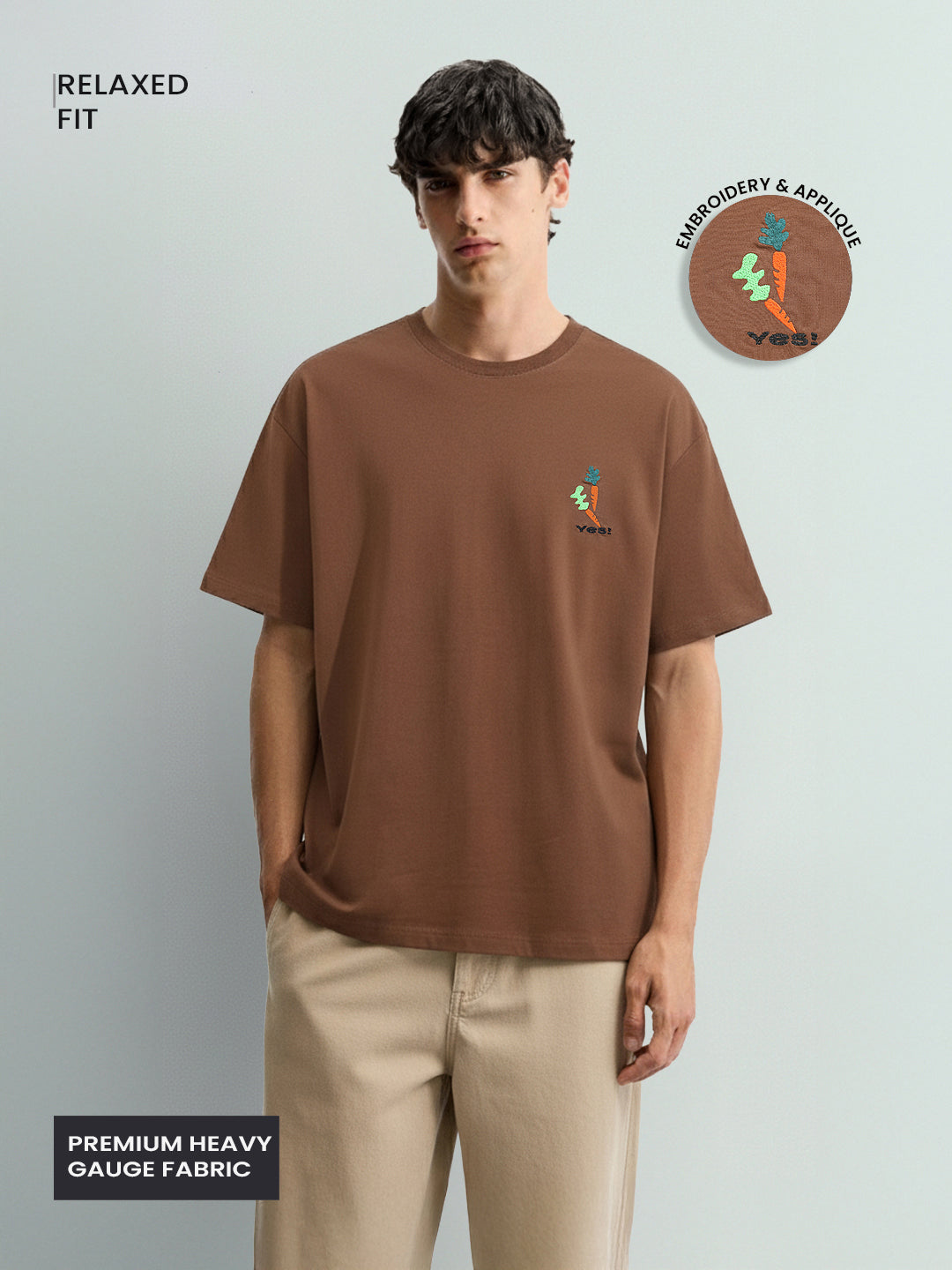 Men's Brown Relaxed Fit Embroided 240 GSM Casual T-Shirt