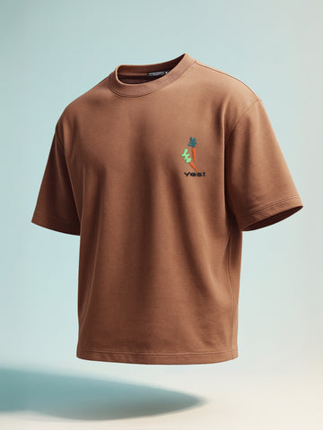 Men's Brown Relaxed Fit Embroided 240 GSM Casual T-Shirt