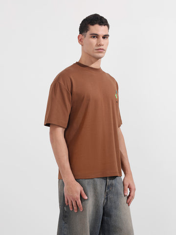 Men's Brown Relaxed Fit Embroided 240 GSM Casual T-Shirt