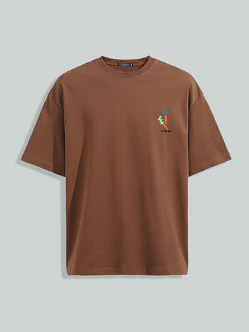 Men's Brown Relaxed Fit Embroided 240 GSM Casual T-Shirt
