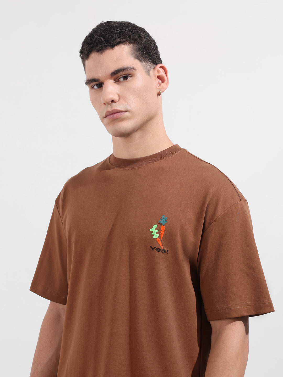 Men's Brown Relaxed Fit Embroided 240 GSM Casual T-Shirt