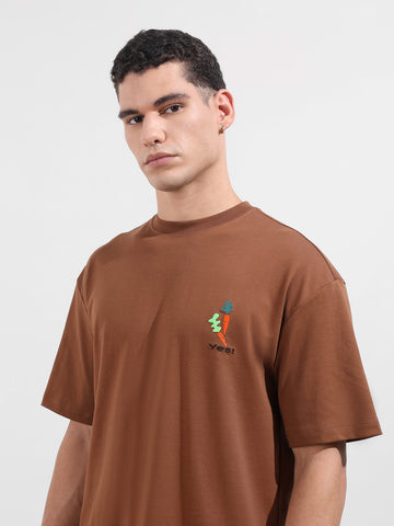 Men's Brown Relaxed Fit Embroided 240 GSM Casual T-Shirt