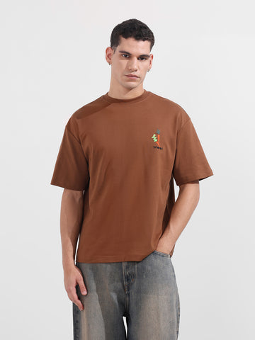 Men's Brown Relaxed Fit Embroided 240 GSM Casual T-Shirt