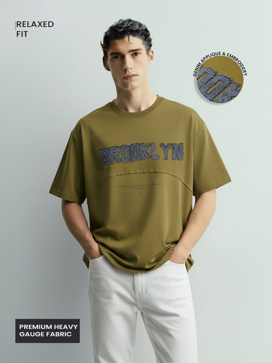 Men's Green Relaxed Fit Embroided 240 GSM Casual T-Shirt