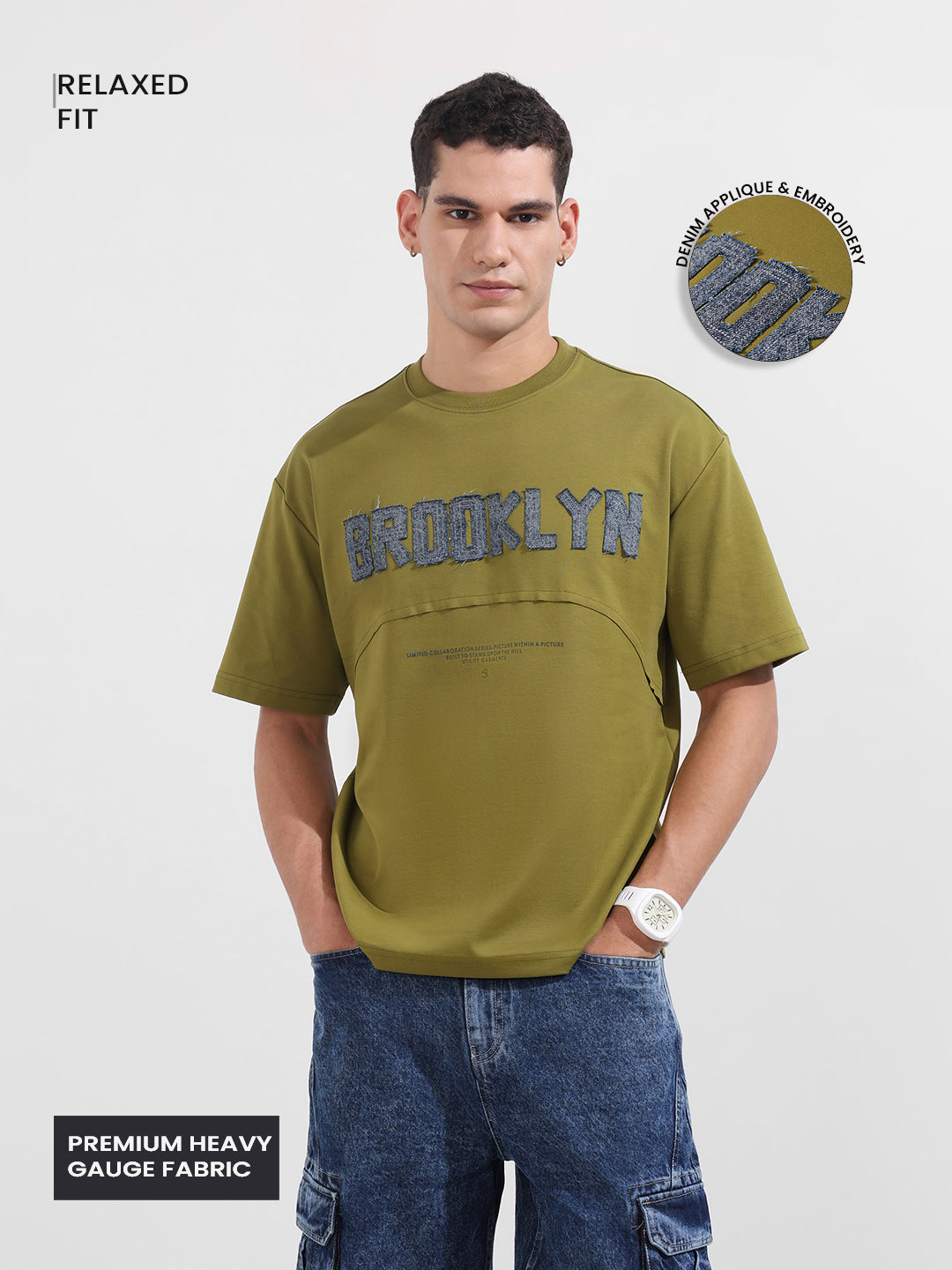 Men's Green Relaxed Fit Embroided 240 GSM Casual T-Shirt