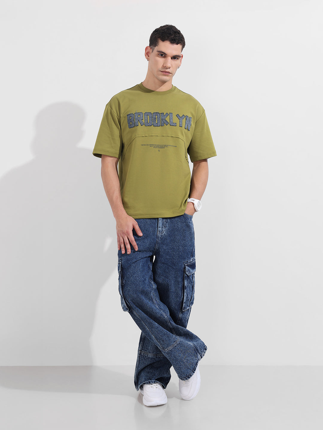 Men's Green Relaxed Fit Embroided 240 GSM Casual T-Shirt