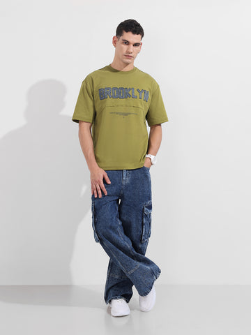 Men's Green Relaxed Fit Embroided 240 GSM Casual T-Shirt