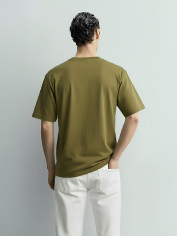 Men's Green Relaxed Fit Embroided 240 GSM Casual T-Shirt