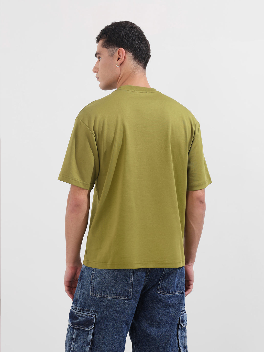 Men's Green Relaxed Fit Embroided 240 GSM Casual T-Shirt