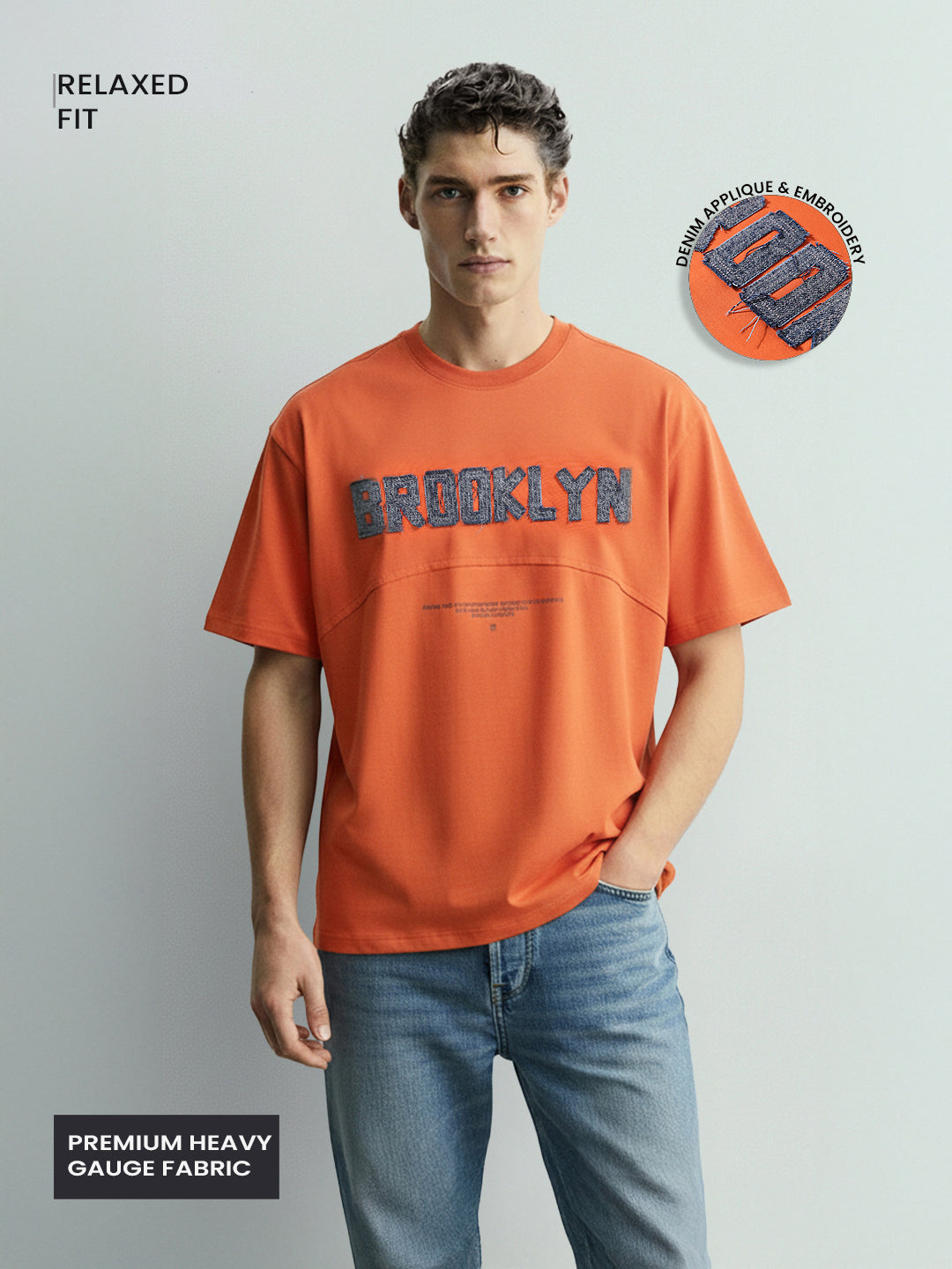 Men's Rust Relaxed Fit Embroided 240 GSM Casual T-Shirt