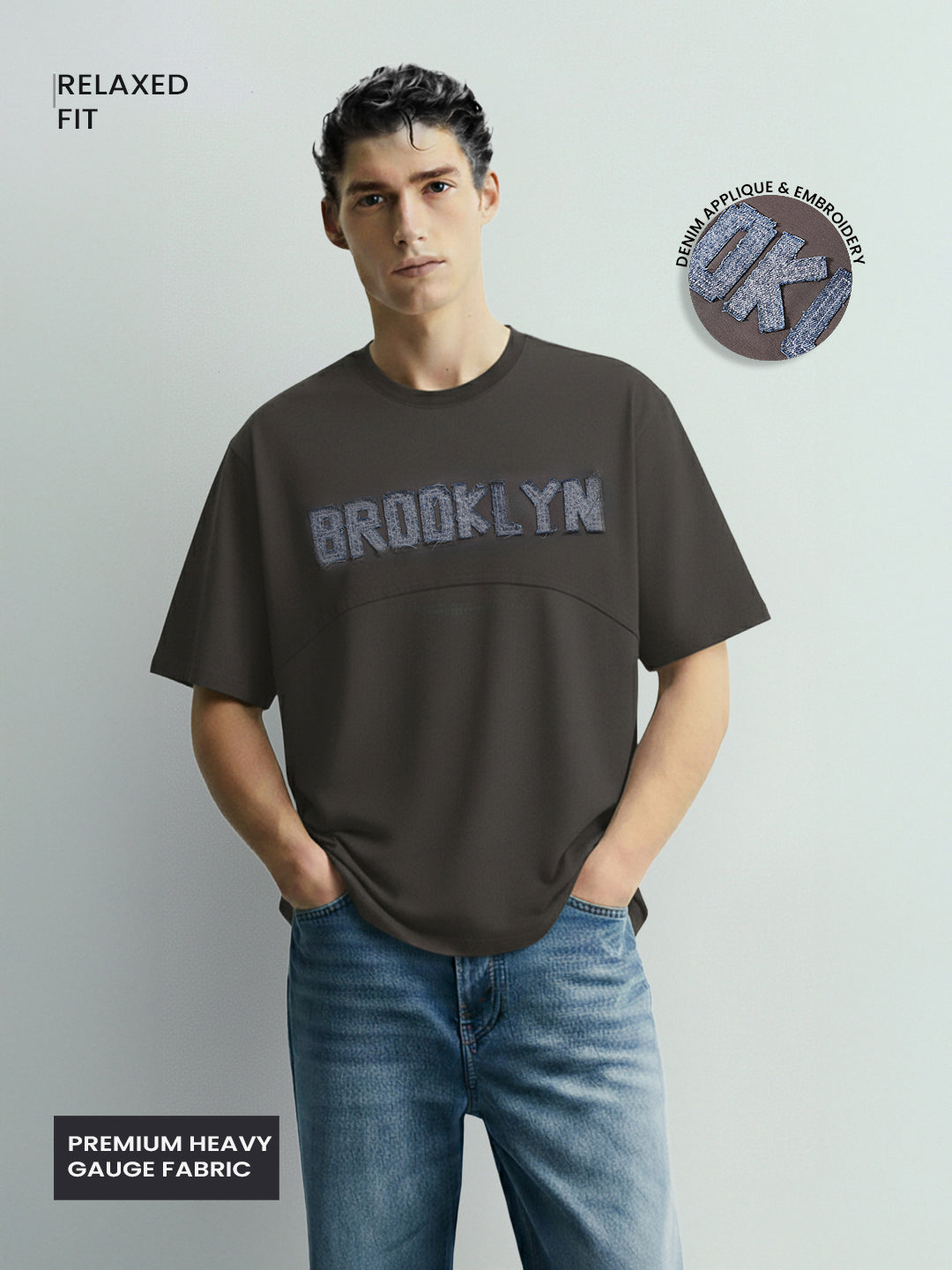 Men's Grey Relaxed Fit Embroided 240 GSM Casual T-Shirt