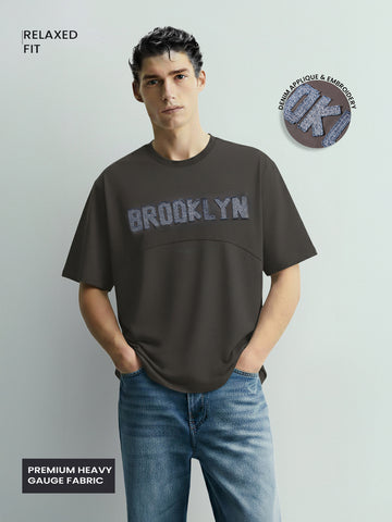 Men's Grey Relaxed Fit Embroided 240 GSM Casual T-Shirt