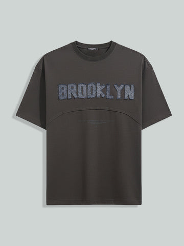 Men's Grey Relaxed Fit Embroided 240 GSM Casual T-Shirt