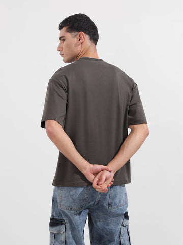 Men's Grey Relaxed Fit Embroided 240 GSM Casual T-Shirt