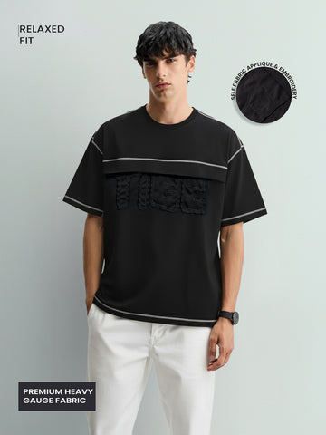 Men's Black Relaxed Fit Embroided 240 GSM Casual T-Shirt