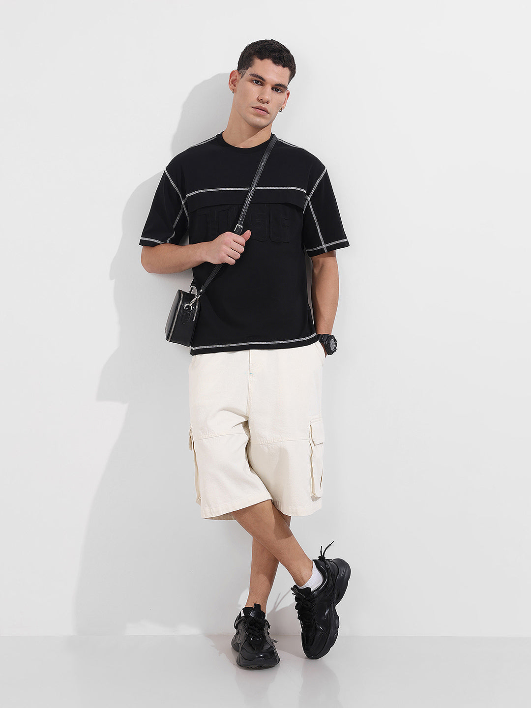 Men's Black Relaxed Fit Embroided 240 GSM Casual T-Shirt