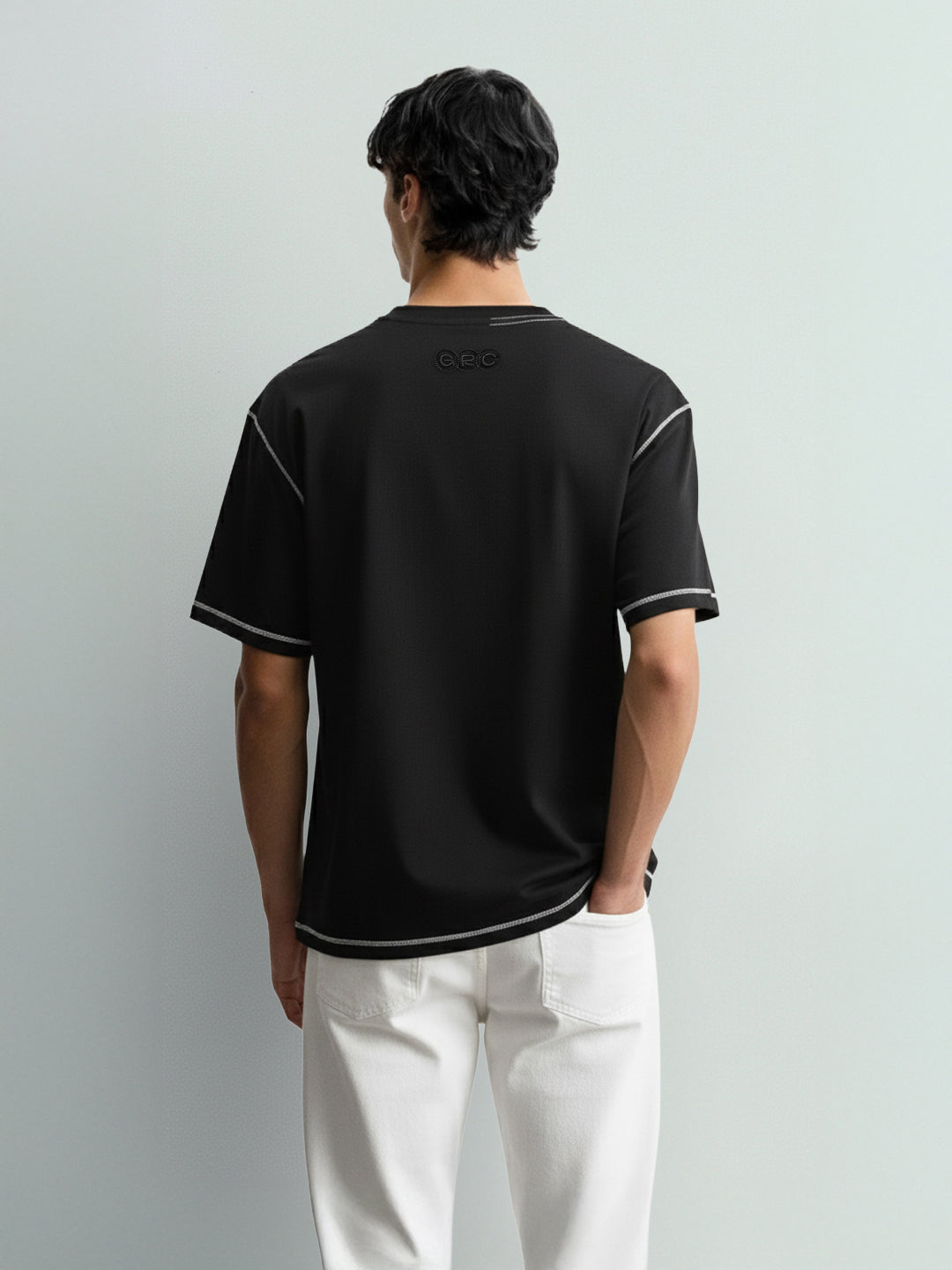 Men's Black Relaxed Fit Embroided 240 GSM Casual T-Shirt