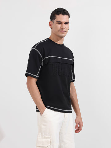 Men's Black Relaxed Fit Embroided 240 GSM Casual T-Shirt
