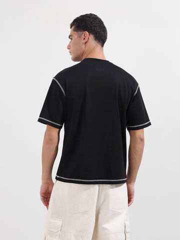 Men's Black Relaxed Fit Embroided 240 GSM Casual T-Shirt